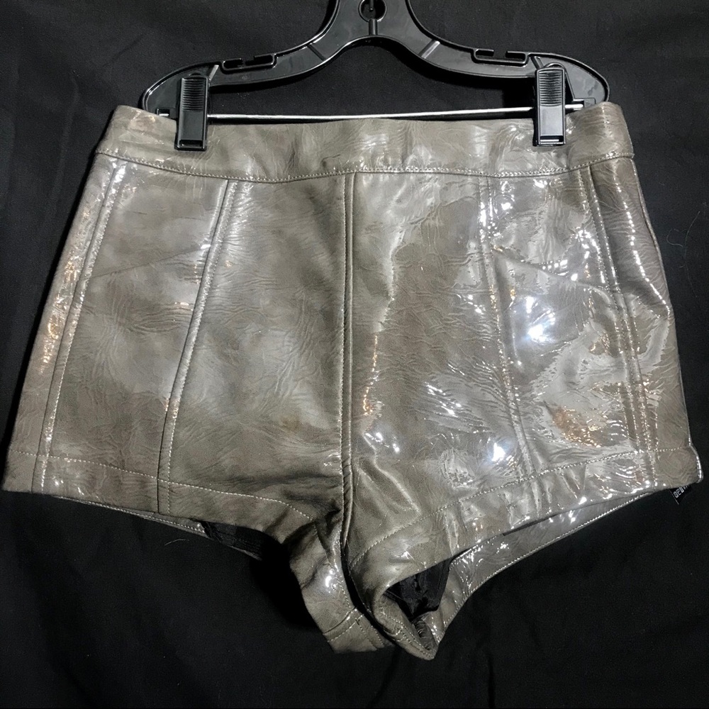 Olive Green Shiny Vinyl Pleather Short-Shorts Hot Pants Faux Patent Leather Wet